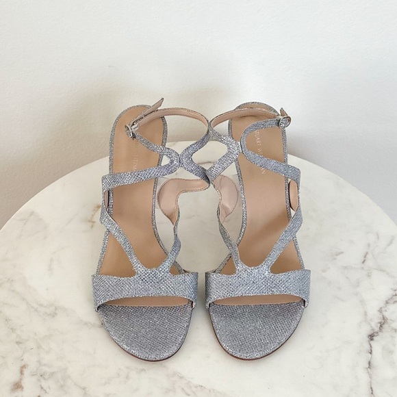 Stuart Weitzman Mariposa 80 Open Toe Sandals Metallic Silver Size 10 - Picture 3 of 7